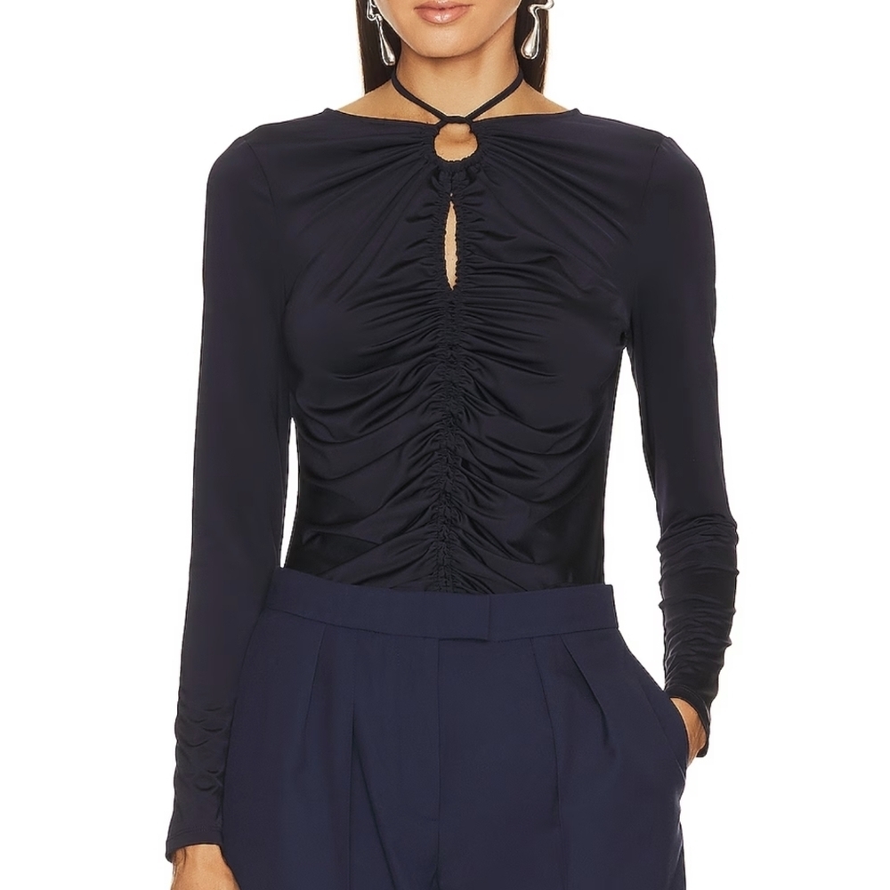 Veronica Beard Rogue Top Halter Neck Tie Ruched Detail Long Sleeve Navy 12 NWT